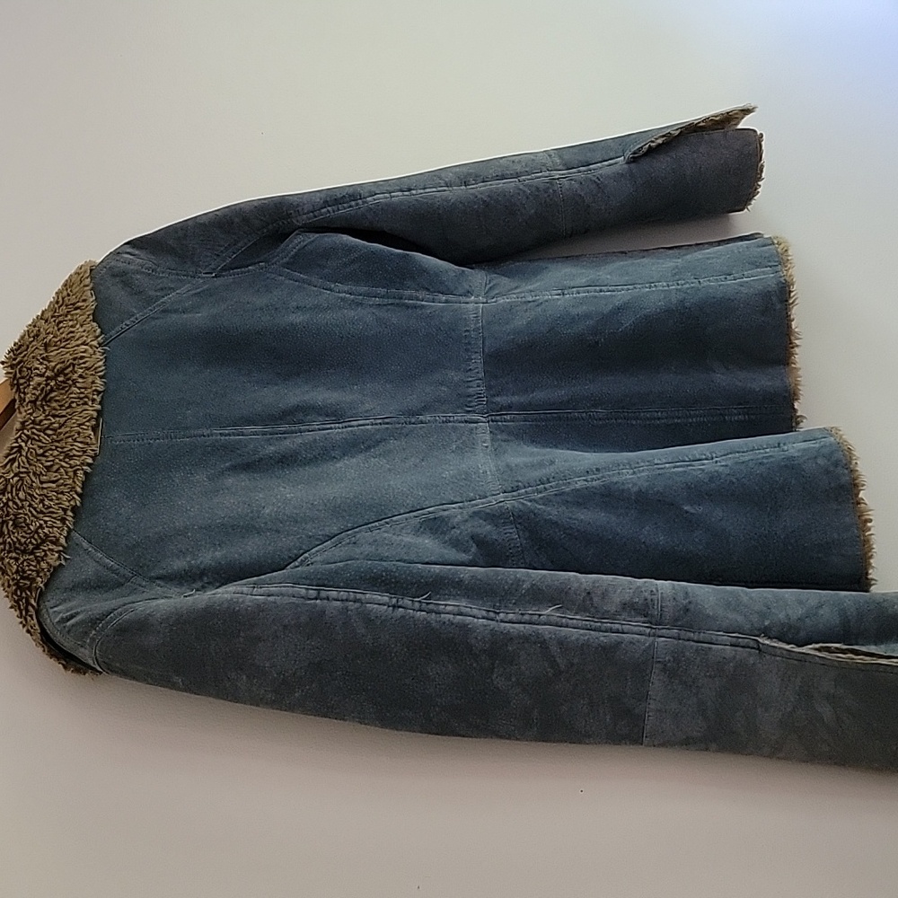 Guess Y2K Denim Effect Blue Leather Suede Penny Lane Jacket Faux Fur Trim M Firm - Picture 10 of 10
